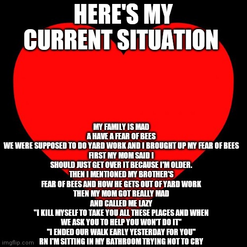 Heart | MY FAMILY IS MAD
A HAVE A FEAR OF BEES
WE WERE SUPPOSED TO DO YARD WORK AND I BROUGHT UP MY FEAR OF BEES
FIRST MY MOM SAID I SHOULD JUST GET OVER IT BECAUSE I'M OLDER.
THEN I MENTIONED MY BROTHER'S FEAR OF BEES AND HOW HE GETS OUT OF YARD WORK
THEN MY MOM GOT REALLY MAD AND CALLED ME LAZY
"I KILL MYSELF TO TAKE YOU ALL THESE PLACES AND WHEN WE ASK YOU TO HELP YOU WON'T DO IT" "I ENDED OUR WALK EARLY YESTERDAY FOR YOU"
RN I'M SITTING IN MY BATHROOM TRYING NOT TO CRY; HERE'S MY CURRENT SITUATION | image tagged in heart | made w/ Imgflip meme maker
