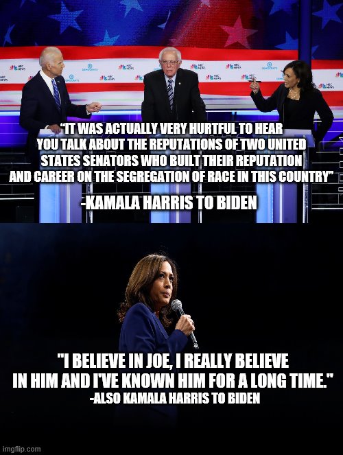 Check it. She's a turncoat. | “IT WAS ACTUALLY VERY HURTFUL TO HEAR YOU TALK ABOUT THE REPUTATIONS OF TWO UNITED STATES SENATORS WHO BUILT THEIR REPUTATION AND CAREER ON THE SEGREGATION OF RACE IN THIS COUNTRY”; -KAMALA HARRIS TO BIDEN; "I BELIEVE IN JOE, I REALLY BELIEVE IN HIM AND I'VE KNOWN HIM FOR A LONG TIME."; -ALSO KAMALA HARRIS TO BIDEN | image tagged in politics suck | made w/ Imgflip meme maker