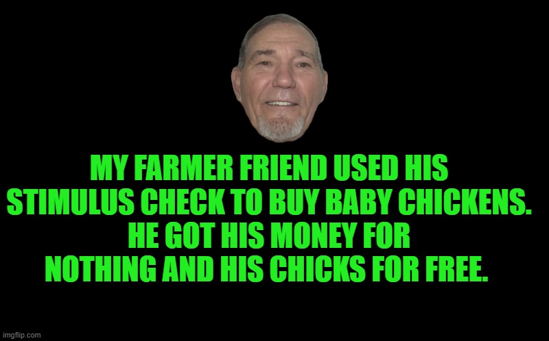 black screen | MY FARMER FRIEND USED HIS STIMULUS CHECK TO BUY BABY CHICKENS.
HE GOT HIS MONEY FOR NOTHING AND HIS CHICKS FOR FREE. | image tagged in kewlewjoke,kinda funny | made w/ Imgflip meme maker
