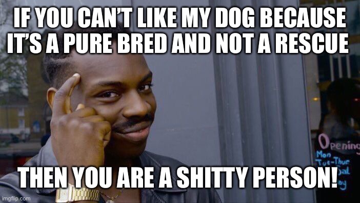 Roll Safe Think About It | IF YOU CAN’T LIKE MY DOG BECAUSE IT’S A PURE BRED AND NOT A RESCUE; THEN YOU ARE A SHITTY PERSON! | image tagged in memes,roll safe think about it | made w/ Imgflip meme maker