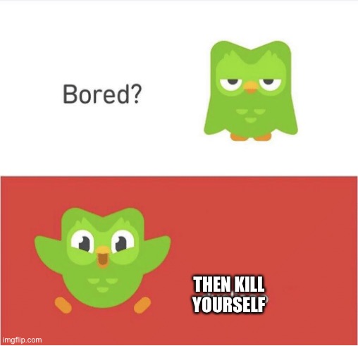 Don’t do Spanish lessons | THEN KILL YOURSELF | image tagged in duolingo bored | made w/ Imgflip meme maker