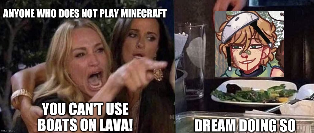 woman yelling at cat | ANYONE WHO DOES NOT PLAY MINECRAFT; YOU CAN'T USE BOATS ON LAVA! DREAM DOING SO | image tagged in woman yelling at cat | made w/ Imgflip meme maker