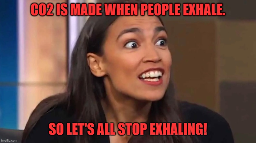 Crazy AOC | CO2 IS MADE WHEN PEOPLE EXHALE. SO LET'S ALL STOP EXHALING! | image tagged in crazy aoc | made w/ Imgflip meme maker