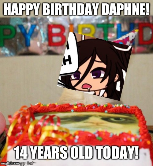 Daphne turned 14 in March 14 | HAPPY BIRTHDAY DAPHNE! 14 YEARS OLD TODAY! | image tagged in memes,grumpy cat birthday,grumpy cat | made w/ Imgflip meme maker