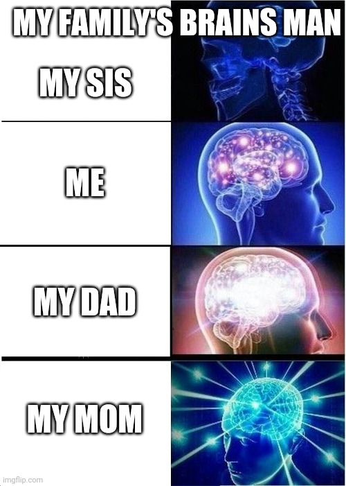 MY SIS ME MY DAD MY MOM MY FAMILY'S BRAINS MAN | image tagged in memes,expanding brain | made w/ Imgflip meme maker