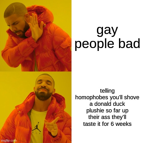 I swear to god the first time I said this I died | gay people bad; telling homophobes you'll shove a donald duck plushie so far up their ass they'll taste it for 6 weeks | image tagged in memes,drake hotline bling | made w/ Imgflip meme maker