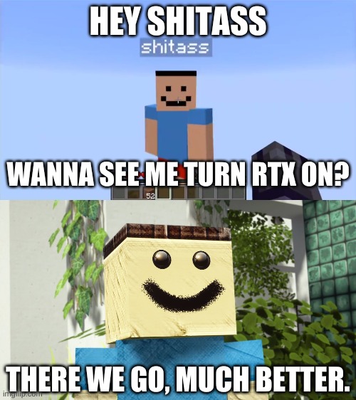 huh. | HEY SHITASS; WANNA SEE ME TURN RTX ON? THERE WE GO, MUCH BETTER. | image tagged in memes,funny,rtx,minecraft | made w/ Imgflip meme maker