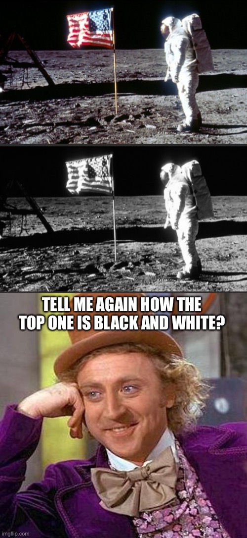 TELL ME AGAIN HOW THE TOP ONE IS BLACK AND WHITE? | image tagged in moon landing,memes,creepy condescending wonka | made w/ Imgflip meme maker