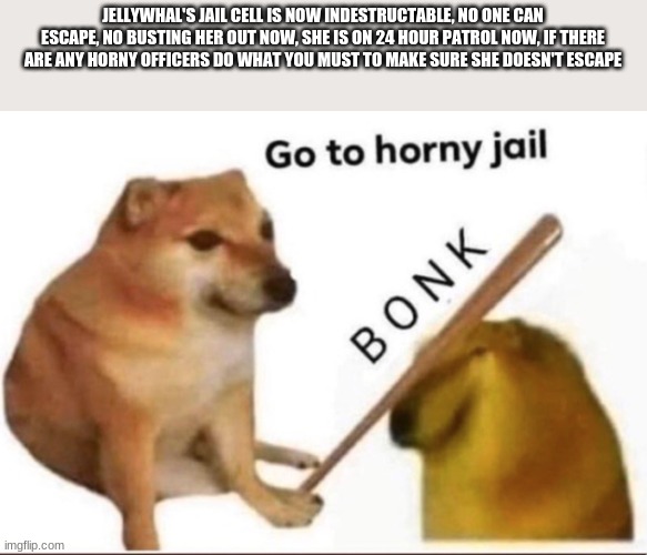 Bonk-Go-To-Horny-Jail | JELLYWHAL'S JAIL CELL IS NOW INDESTRUCTABLE, NO ONE CAN ESCAPE, NO BUSTING HER OUT NOW, SHE IS ON 24 HOUR PATROL NOW, IF THERE ARE ANY HORNY OFFICERS DO WHAT YOU MUST TO MAKE SURE SHE DOESN'T ESCAPE | image tagged in bonk-go-to-horny-jail | made w/ Imgflip meme maker