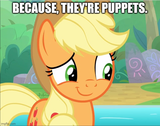BECAUSE, THEY'RE PUPPETS. | image tagged in puppets,funny,applejack | made w/ Imgflip meme maker