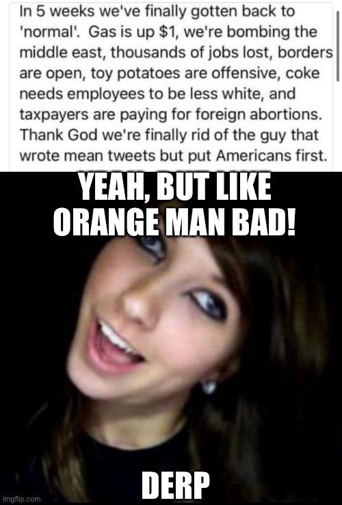 Yep, we’re on the up and up | YEAH, BUT LIKE ORANGE MAN BAD! DERP | image tagged in joe biden,donald trump,liberal logic,liberals,democrats,libtards | made w/ Imgflip meme maker