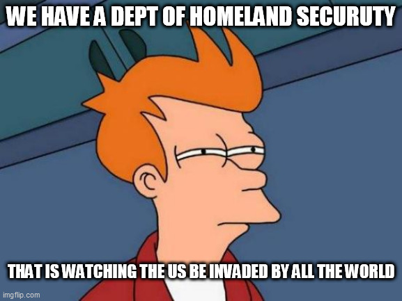 Futurama Fry | WE HAVE A DEPT OF HOMELAND SECURUTY; THAT IS WATCHING THE US BE INVADED BY ALL THE WORLD | image tagged in memes,futurama fry | made w/ Imgflip meme maker