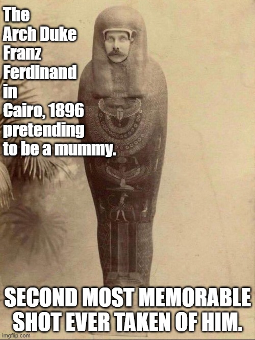 . | The Arch Duke Franz Ferdinand in Cairo, 1896 pretending to be a mummy. SECOND MOST MEMORABLE SHOT EVER TAKEN OF HIM. | image tagged in franz ferdinand mummy,world war i,mummy,wwi,assassination,egypt | made w/ Imgflip meme maker