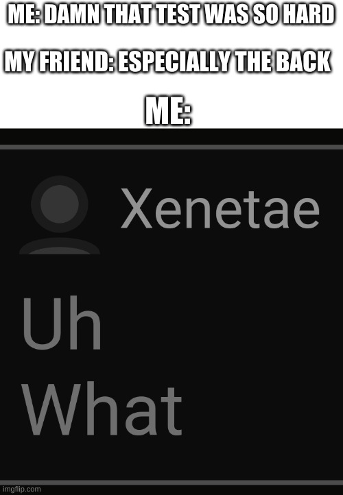 Xenetae says "uh what" | ME: DAMN THAT TEST WAS SO HARD; MY FRIEND: ESPECIALLY THE BACK; ME: | image tagged in xenetae says uh what | made w/ Imgflip meme maker