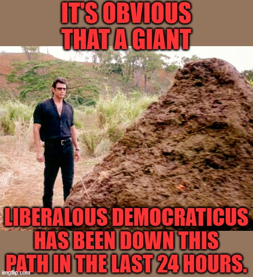 Memes, Poop, Jurassic Park | IT'S OBVIOUS THAT A GIANT LIBERALOUS DEMOCRATICUS HAS BEEN DOWN THIS PATH IN THE LAST 24 HOURS. | image tagged in memes poop jurassic park | made w/ Imgflip meme maker