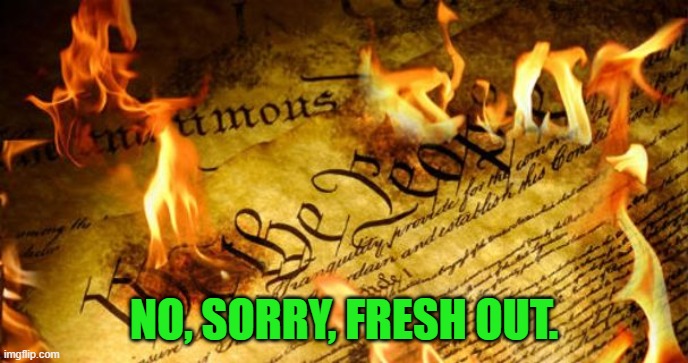 Constitution In Flames | NO, SORRY, FRESH OUT. | image tagged in constitution in flames | made w/ Imgflip meme maker