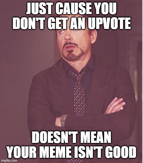 Face You Make Robert Downey Jr | JUST CAUSE YOU DON'T GET AN UPVOTE; DOESN'T MEAN YOUR MEME ISN'T GOOD | image tagged in memes,face you make robert downey jr,upvotes | made w/ Imgflip meme maker