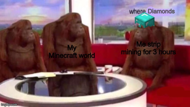 WHERE IS DIAMONDSS | Diamonds; My Minecraft world; Me strip mining for 3 hours | image tagged in where banana blank,minecraft | made w/ Imgflip meme maker