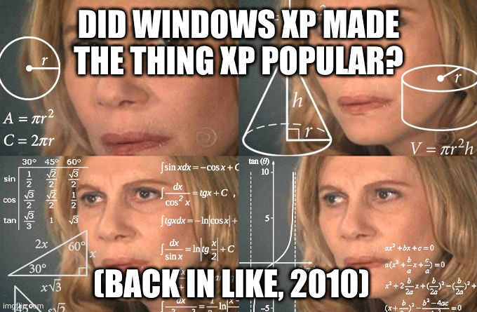 did they? | DID WINDOWS XP MADE THE THING XP POPULAR? (BACK IN LIKE, 2010) | image tagged in calculating meme | made w/ Imgflip meme maker