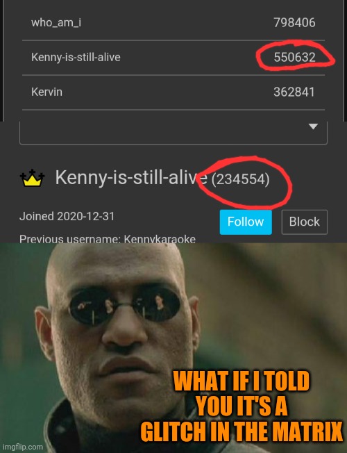 His all-time point total is lower than his weekly point total. | WHAT IF I TOLD YOU IT'S A GLITCH IN THE MATRIX | image tagged in memes,matrix morpheus | made w/ Imgflip meme maker