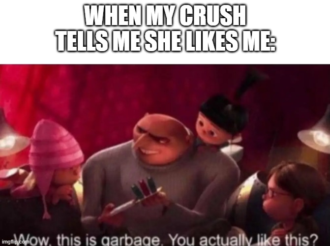 Wow this is garbage you actually like this | WHEN MY CRUSH TELLS ME SHE LIKES ME: | image tagged in wow this is garbage you actually like this,ship,crush | made w/ Imgflip meme maker