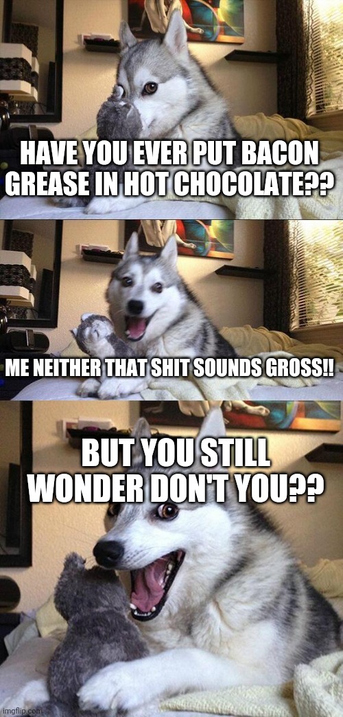 Bad Pun Dog | HAVE YOU EVER PUT BACON GREASE IN HOT CHOCOLATE?? ME NEITHER THAT SHIT SOUNDS GROSS!! BUT YOU STILL WONDER DON'T YOU?? | image tagged in memes,bad pun dog | made w/ Imgflip meme maker