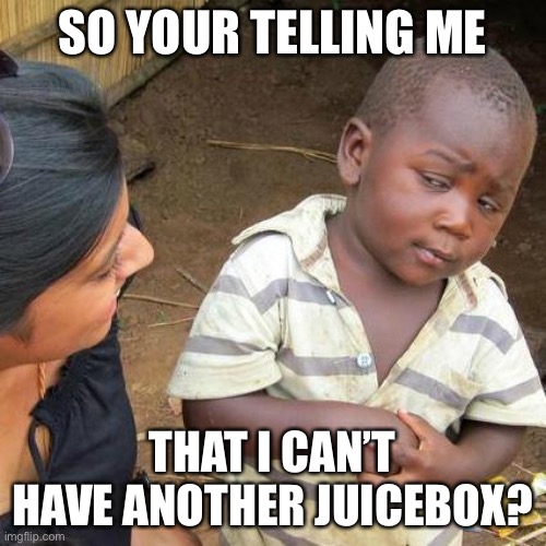 Cri cri | SO YOUR TELLING ME; THAT I CAN’T HAVE ANOTHER JUICEBOX? | image tagged in memes,third world skeptical kid | made w/ Imgflip meme maker