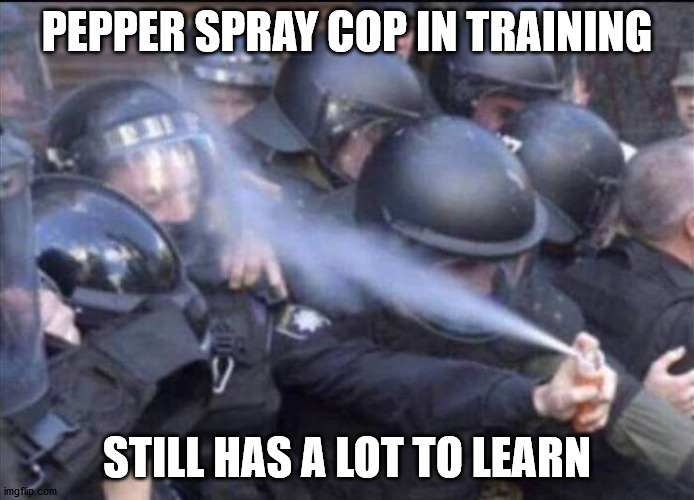PEPPER SPRAY COP IN TRAINING; STILL HAS A LOT TO LEARN | made w/ Imgflip meme maker