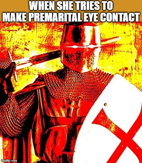 Deep Fried Crusader | WHEN SHE TRIES TO MAKE PREMARITAL EYE CONTACT | image tagged in deep fried crusader,i'm 15 so don't try it,who reads these | made w/ Imgflip meme maker