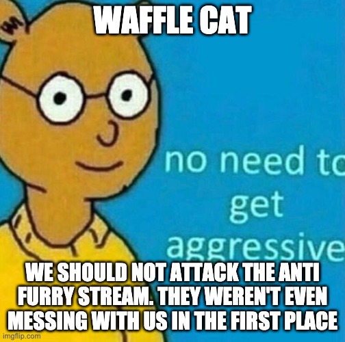 c a l m | WAFFLE CAT; WE SHOULD NOT ATTACK THE ANTI FURRY STREAM. THEY WEREN'T EVEN MESSING WITH US IN THE FIRST PLACE | image tagged in no need to get aggressive | made w/ Imgflip meme maker