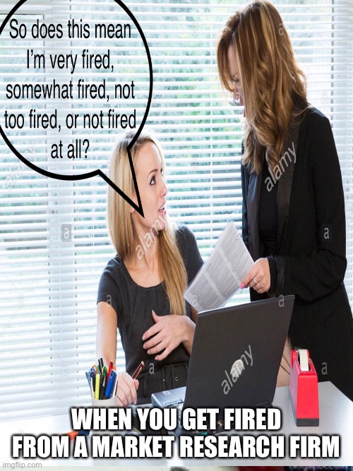 This Is Not A Sales Meme... | WHEN YOU GET FIRED FROM A MARKET RESEARCH FIRM | image tagged in office,work,jobs | made w/ Imgflip meme maker