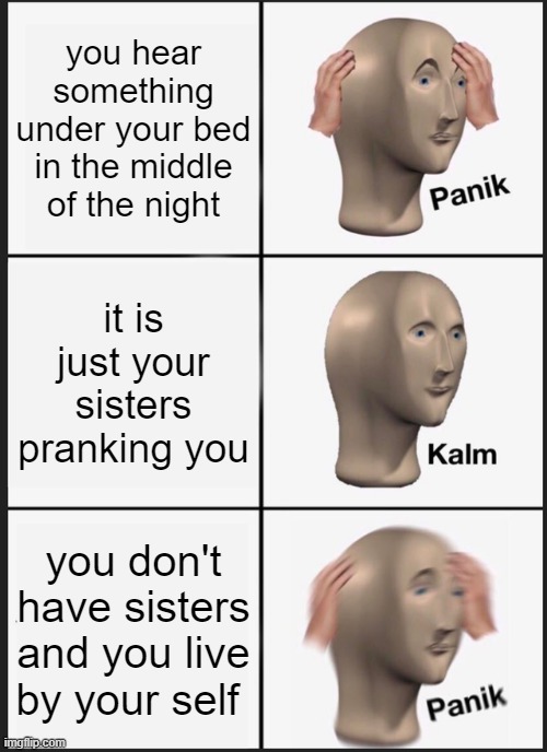 *runs out of house* | you hear something under your bed in the middle of the night; it is just your sisters pranking you; you don't have sisters and you live by your self | image tagged in memes,panik kalm panik | made w/ Imgflip meme maker