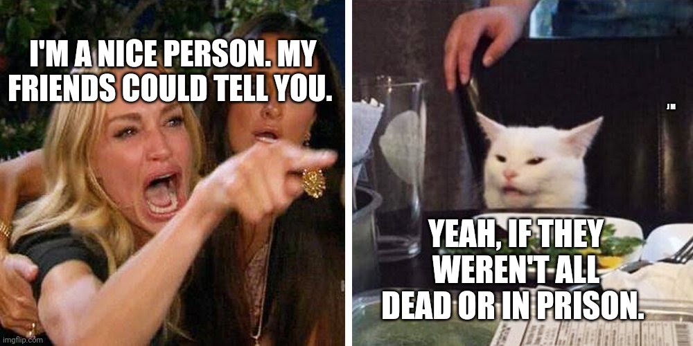 Smudge the cat | I'M A NICE PERSON. MY FRIENDS COULD TELL YOU. J M; YEAH, IF THEY WEREN'T ALL DEAD OR IN PRISON. | image tagged in smudge the cat | made w/ Imgflip meme maker