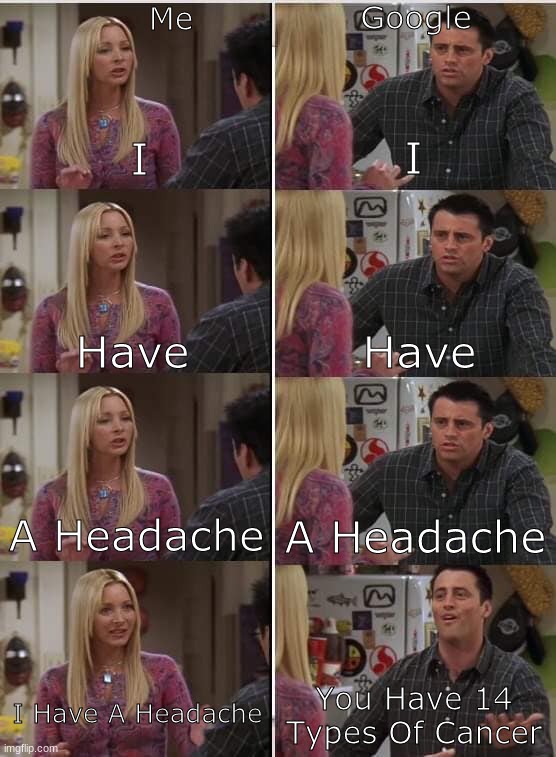 Phoebe Joey | Google; Me; I; I; Have; Have; A Headache; A Headache; I Have A Headache; You Have 14 Types Of Cancer | image tagged in phoebe joey | made w/ Imgflip meme maker