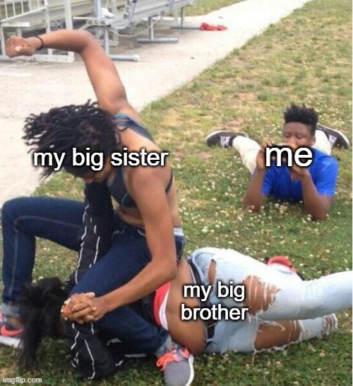Don't mind me | my big sister; me; my big brother | image tagged in guy recording a fight | made w/ Imgflip meme maker