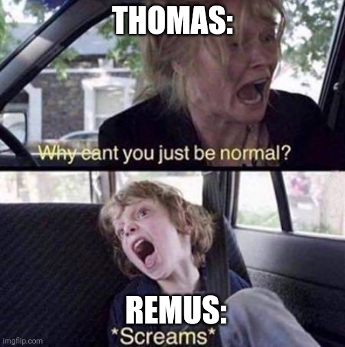 Why Can't You Just Be Normal | THOMAS:; REMUS: | image tagged in why can't you just be normal | made w/ Imgflip meme maker
