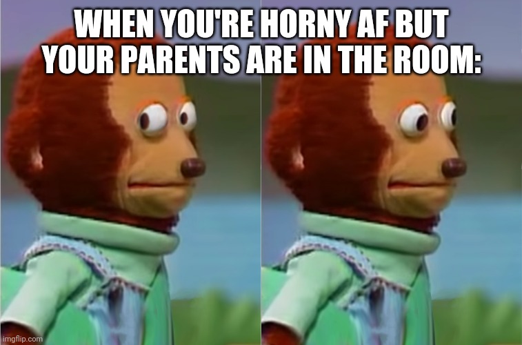 puppet Monkey looking away | WHEN YOU'RE HORNY AF BUT YOUR PARENTS ARE IN THE ROOM: | image tagged in puppet monkey looking away | made w/ Imgflip meme maker
