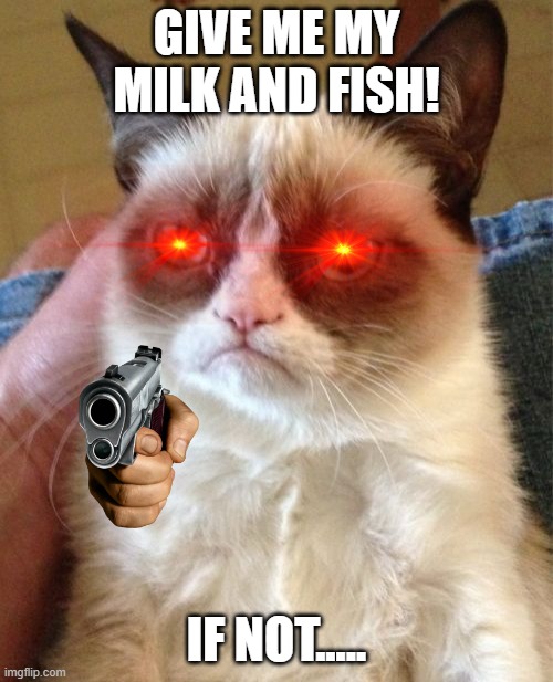 Bossy grumpy cat | GIVE ME MY MILK AND FISH! IF NOT..... | image tagged in memes,grumpy cat | made w/ Imgflip meme maker