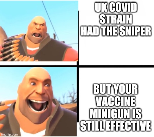 vev | UK COVID STRAIN HAD THE SNIPER; BUT YOUR VACCINE MINIGUN IS STILL EFFECTIVE | image tagged in tf2 heavy,uk covid strain,team fortress 2,coronavirus,covid-19,memes | made w/ Imgflip meme maker