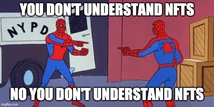 you don't understand NFTs | YOU DON'T UNDERSTAND NFTS; NO YOU DON'T UNDERSTAND NFTS | image tagged in spider man double | made w/ Imgflip meme maker