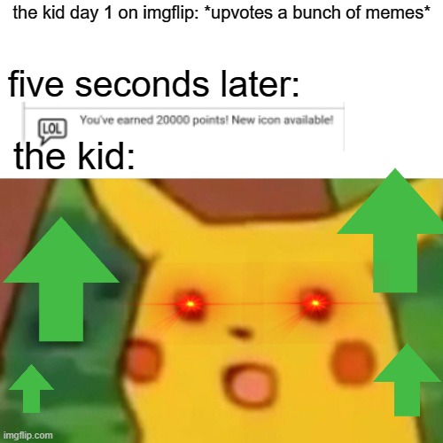 It would be a dream come true.... | the kid day 1 on imgflip: *upvotes a bunch of memes*; five seconds later:; the kid: | image tagged in memes,surprised pikachu | made w/ Imgflip meme maker