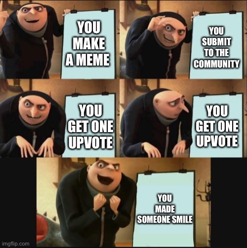 5 panel gru meme | YOU MAKE A MEME; YOU SUBMIT TO THE COMMUNITY; YOU GET ONE UPVOTE; YOU GET ONE UPVOTE; YOU MADE SOMEONE SMILE | image tagged in 5 panel gru meme,gru's plan,memes | made w/ Imgflip meme maker