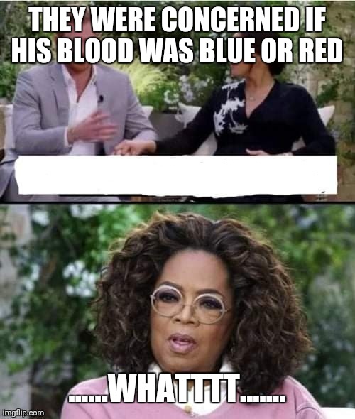 Harry, Meghan and Oprah | THEY WERE CONCERNED IF HIS BLOOD WAS BLUE OR RED; ......WHATTTT....... | image tagged in harry meghan and oprah | made w/ Imgflip meme maker