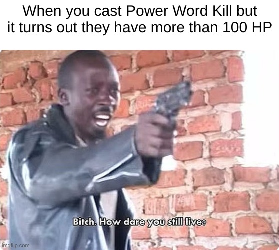 When you cast Power Word Kill but it turns out they have more than 100 HP | image tagged in funny,memes,dnd,dungeons and dragons | made w/ Imgflip meme maker