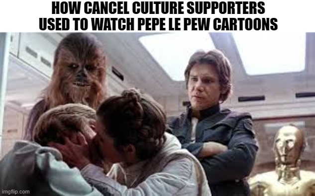 Pepe Le Pew gets cancelled over kissing | HOW CANCEL CULTURE SUPPORTERS USED TO WATCH PEPE LE PEW CARTOONS | image tagged in luke and leia kissing | made w/ Imgflip meme maker