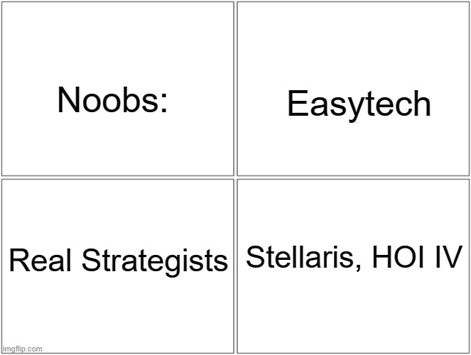 Blank Comic Panel 2x2 | Noobs:; Easytech; Stellaris, HOI IV; Real Strategists | image tagged in memes,blank comic panel 2x2 | made w/ Imgflip meme maker