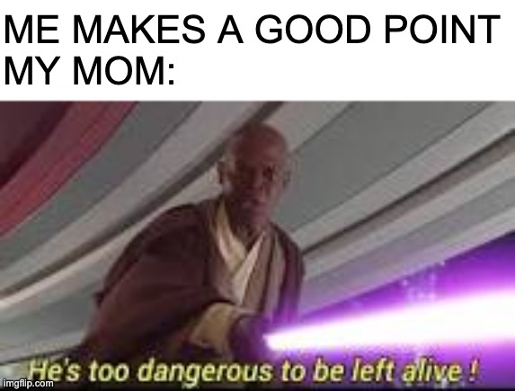 i mean it's true | ME MAKES A GOOD POINT
MY MOM: | image tagged in he is too dangerous to be left alive,annoying parents,meme | made w/ Imgflip meme maker