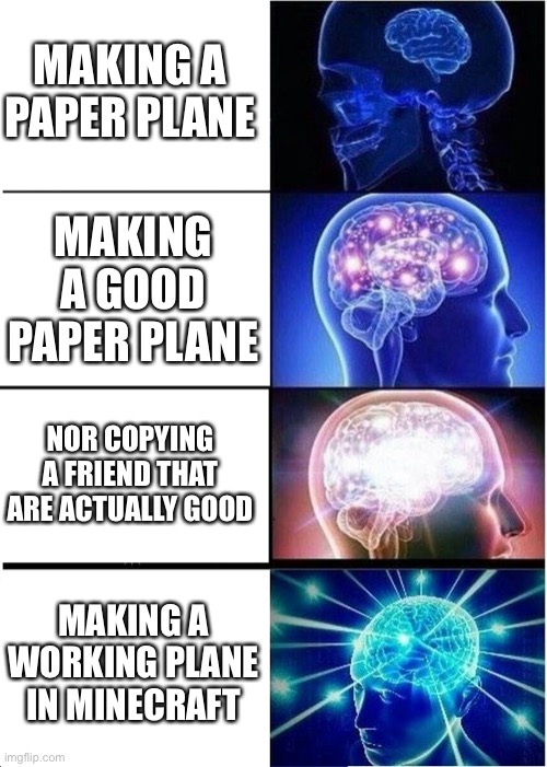 Expanding Brain Meme | MAKING A PAPER PLANE; MAKING A GOOD PAPER PLANE; NOR COPYING A FRIEND THAT ARE ACTUALLY GOOD; MAKING A WORKING PLANE IN MINECRAFT | image tagged in memes,expanding brain,true,big brain time | made w/ Imgflip meme maker