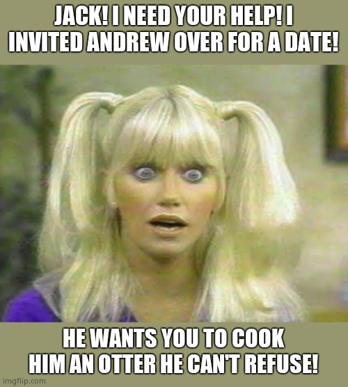 Chrissy Snow | JACK! I NEED YOUR HELP! I INVITED ANDREW OVER FOR A DATE! HE WANTS YOU TO COOK HIM AN OTTER HE CAN'T REFUSE! | image tagged in chrissy snow | made w/ Imgflip meme maker