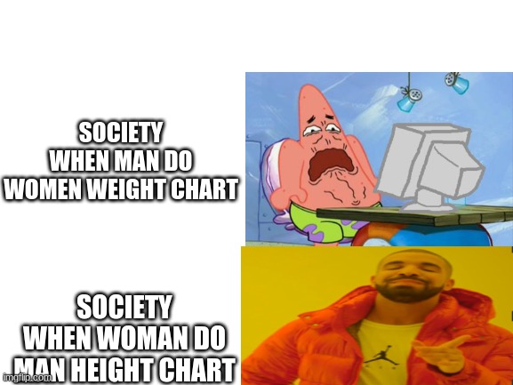 you cant deny it | SOCIETY WHEN MAN DO WOMEN WEIGHT CHART; SOCIETY WHEN WOMAN DO MAN HEIGHT CHART | image tagged in blank white template | made w/ Imgflip meme maker